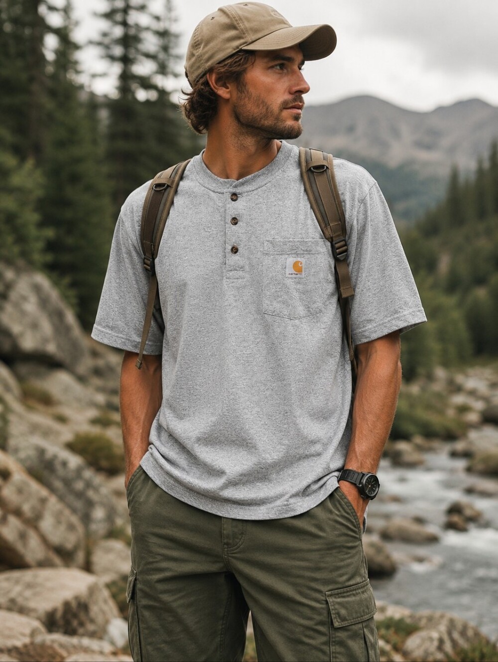 Carhartt Men's Large Heather Gray Henley Pocket T-Shirt short sleeve workwear